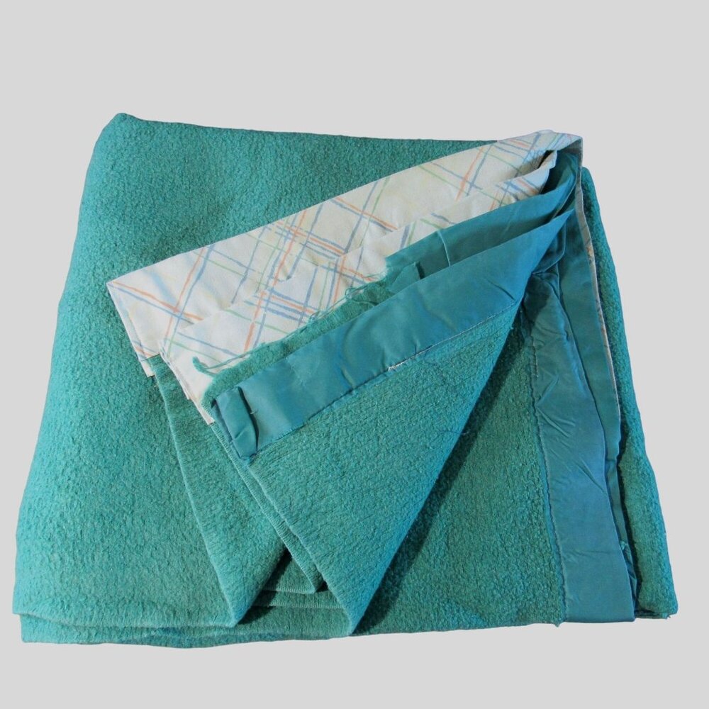 Vintage Teal Green Cotton Blanket With Plaid Nylon Trim On Top and Bottom Edges